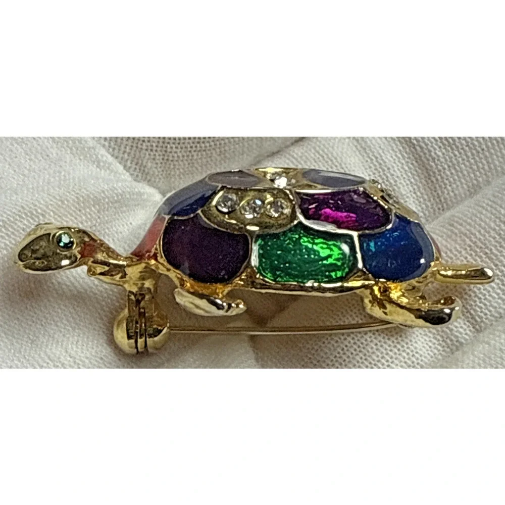 Vintage Rhinestone Guilloche Enamel Painted Turtle Tortoise Brooch Pin